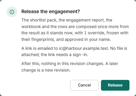 The release dialog: the shortlist pack, the engagement report, the workbook and the rows are composed once more from the result as it stands, with its one override, frozen with their fingerprints and approved in your name. A link is emailed to the recipients; no file is attached and the link needs a sign-in. After this, nothing in the revision changes; a later change is a new revision.